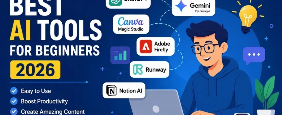 Best AI tools for beginners in 2026 including ChatGPT, Gemini, Canva, Adobe Firefly, and Runway